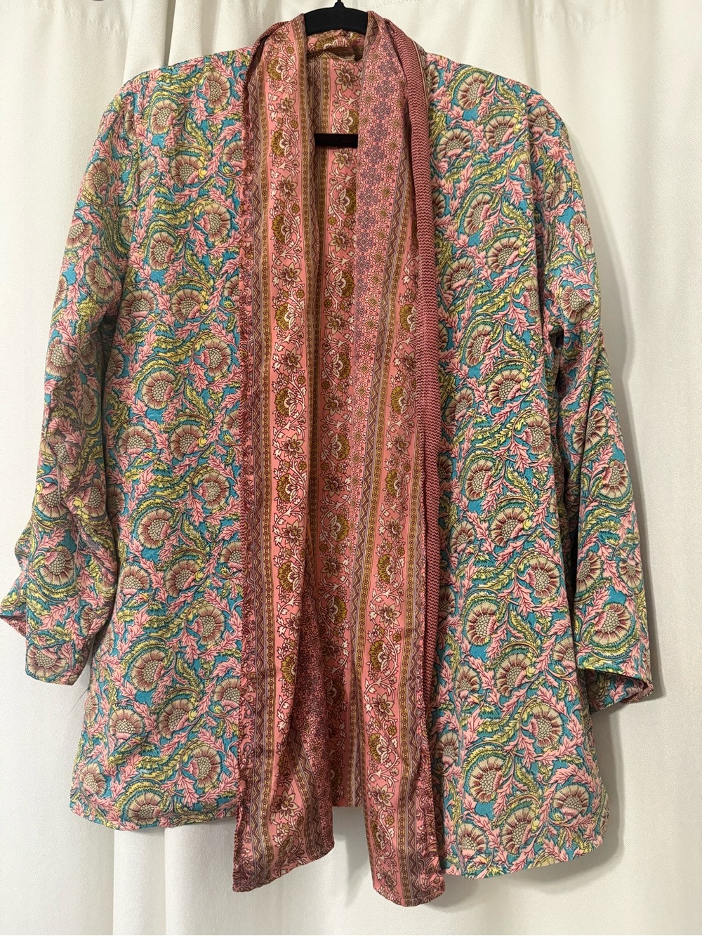 No Brand Reversible Silk-like Kimono in Floral Patters Pink Green Blue OS